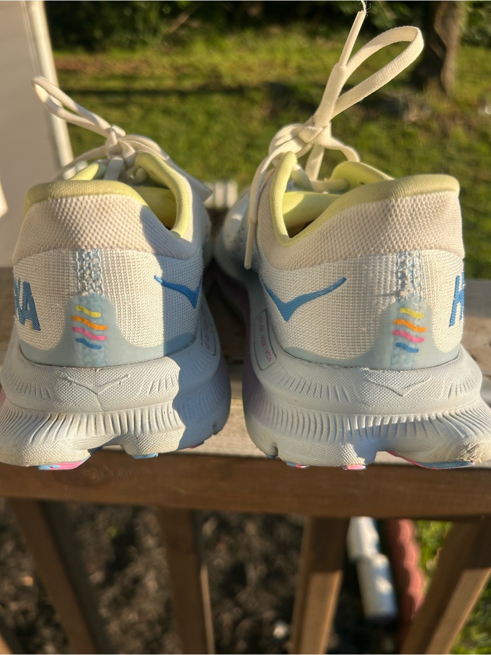 Hoka One One Women's White Running Shoes with Pastel Blue, Pink & Yellow Accents - Picture 8 of 11